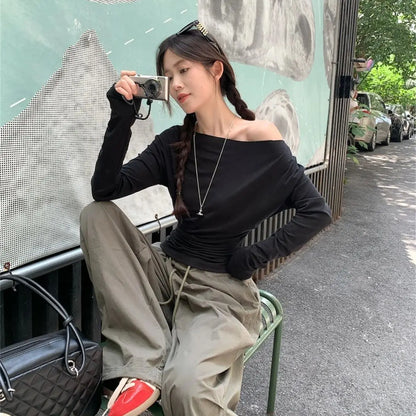 Women Sexy Off Shouder Tops 2025 Fashion New In Y2k Hot Girl Slim Long Sleeve Shirts Solid Autumn Spring Chic T-shirt Streetwear.