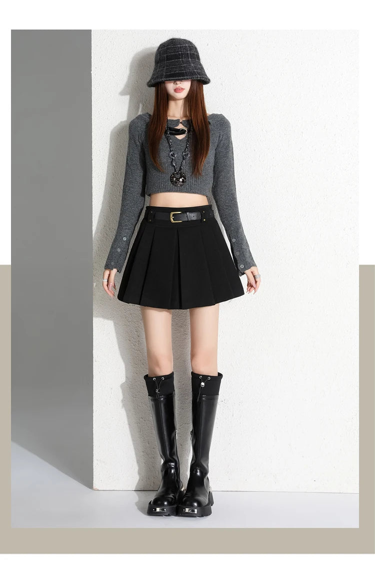 Preppy Style Coffee Woolen Skirt for Women Autumn Winter 2025 Chic High-waisted Mini Skirt Female Korean Thick Outwear Faldas.