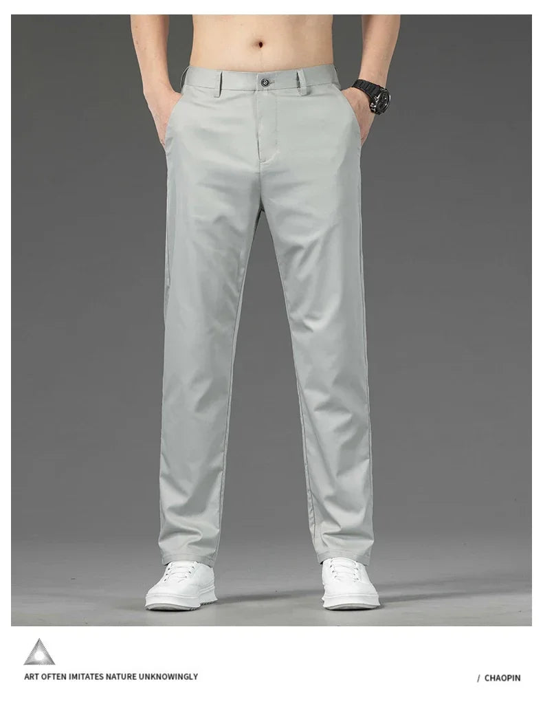 Thin Men Bamboo Summer Pants Casual High Quality Business Classic Fashion Stretch Slim Formal Straight Trousers Black Gray Khaki.