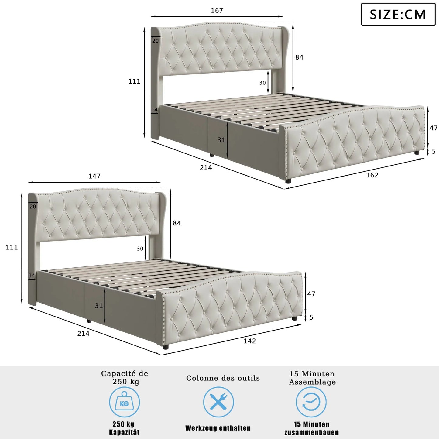 Lazyspace Samt gepolsterter Bettrahmen mit Lattenrost, hydraulisches Bett mit Stauraum, modernes Doppelbett mit Nietenverzierung