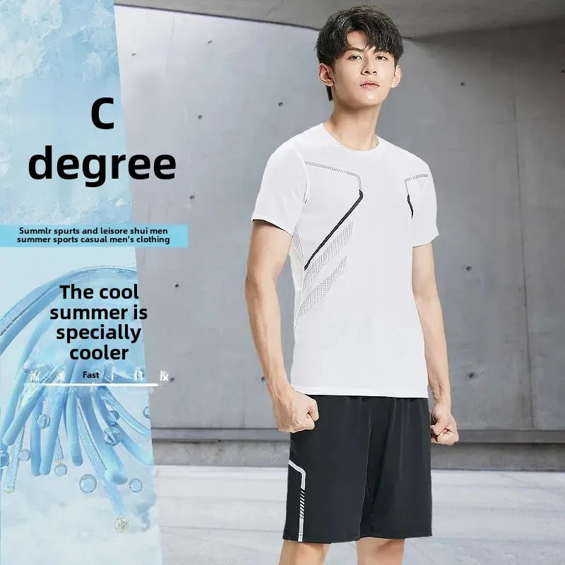 Men's Fitness Ice Silk Sports Suit Short Sleeve Training Room Basketball Morning Run Summer Outfit Shorts And T-shirt Set