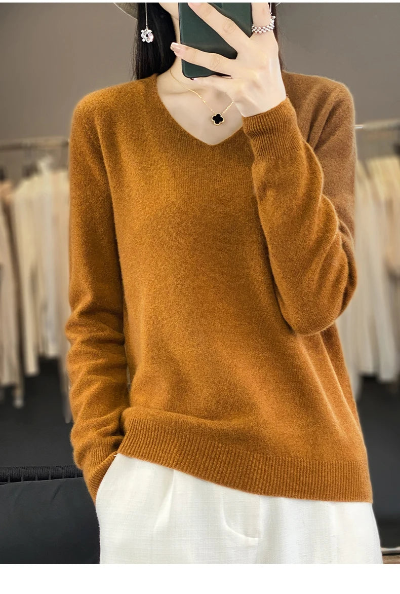 Women 100% Merino Wool Sweater V-Neck Basic Pullover Autumn Winter Cashmere Clothing Long Sleeve Soft Knitwear Tops Solid Color