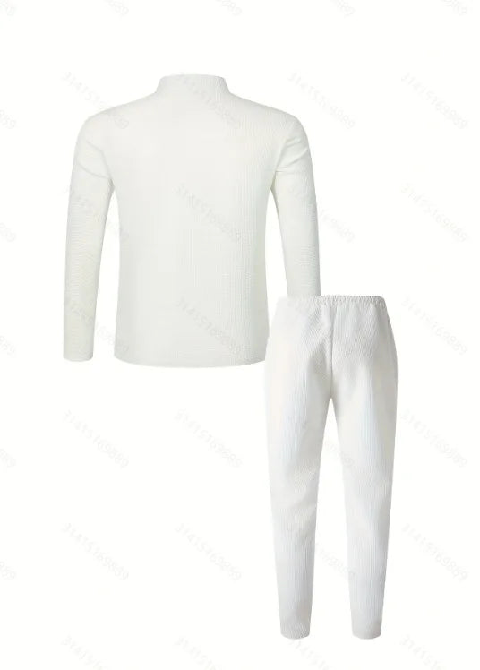 Men's Waffle Check Stand-Up Collar Semi-Casual Business Suit Two-Piece Set Button-Down Top with Comfortable Trousers.