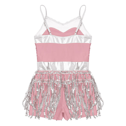 Kinder Mädchen Latin Tanz Kostüm Jazz Samba Cha-Cha Eiskunstlauf Trikot Kleid glänzende Pailletten Quaste Bodysuit für Bühnen performance.