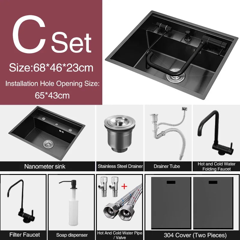 Nanometer Double Cover Hidden Kitchen Sink 304 Stainless Steel 3 Holes Handmade Single Large Size Kitchen Hidden Sinks