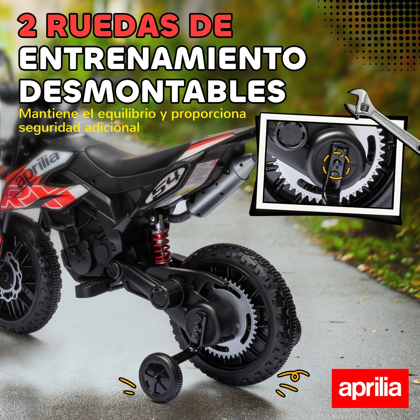 Aiyaplay Electric Motorcycle for Children 12V with Aprilia License, Children's Electric Motorcycle with Detachable Auxiliary Wheels, 6 Km/H, Rear Suspension, Headlight, Music and Usb, for Children 37-96 Months, Red.