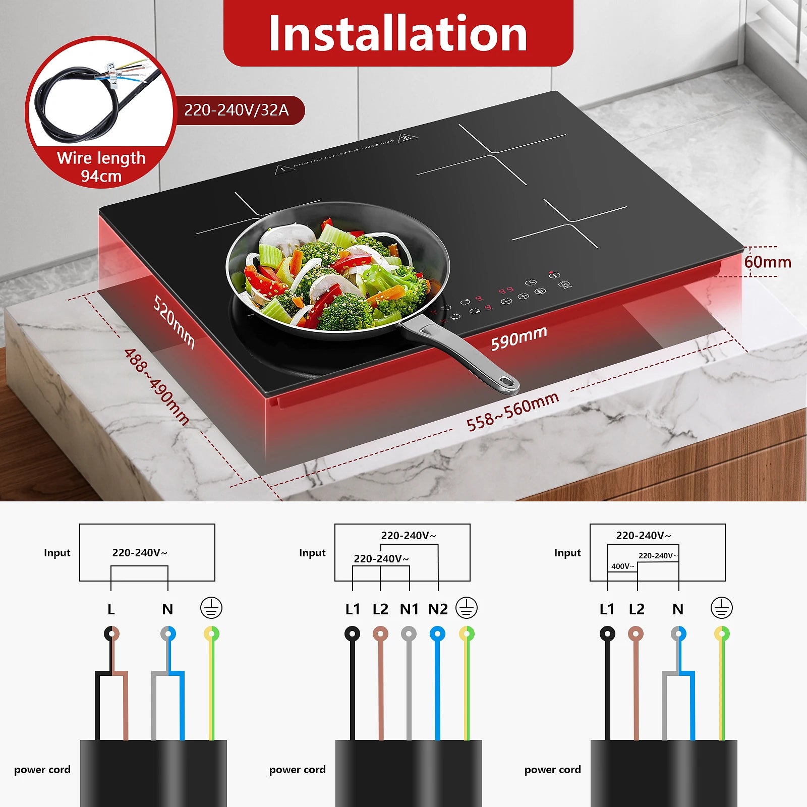 Induction Hob 4 Plates Built-in Electric Cooktop 60cm Booster Touch Control 6000W 9 Power Levels 1-99Minute Timer Child Lock.