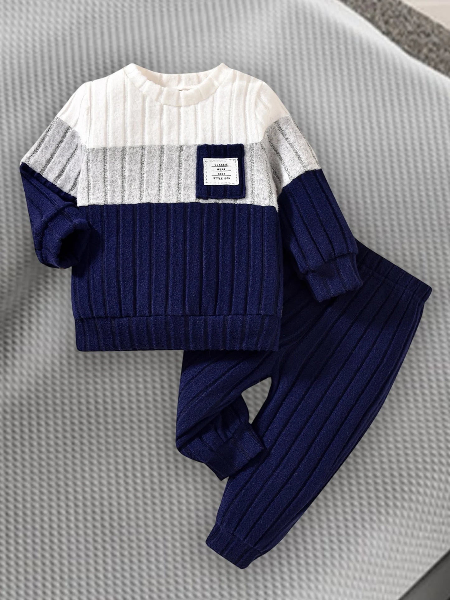VISgogo 0-3 Years Boys Fall 2Pcs Clothes Sets Long Sleeve O Neck Patchwork Pullover Solid Color Pants.