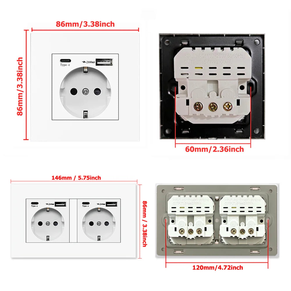 Eiomr eu standard steckdose, einfach und doppelt 220v 16a weiß schwarz pc panel eu steckdose, wand usb typ c stecker steckdose für zu hause.