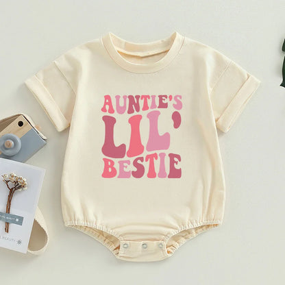 Tante's Little Bestie Bubble Strampler Neugeborenes Baby Mädchen Jungen Kleidung Sommer Kurzarm Rundhalsausschnitt Niedlicher Body Top Outfit.