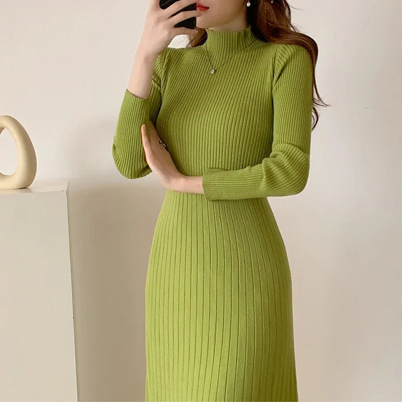 Herbst Winter schlankes Langarm Party Midi Kleid für Frauen gestrickt halbhohen Kragen elegante Strick pullover Kleider Damen.