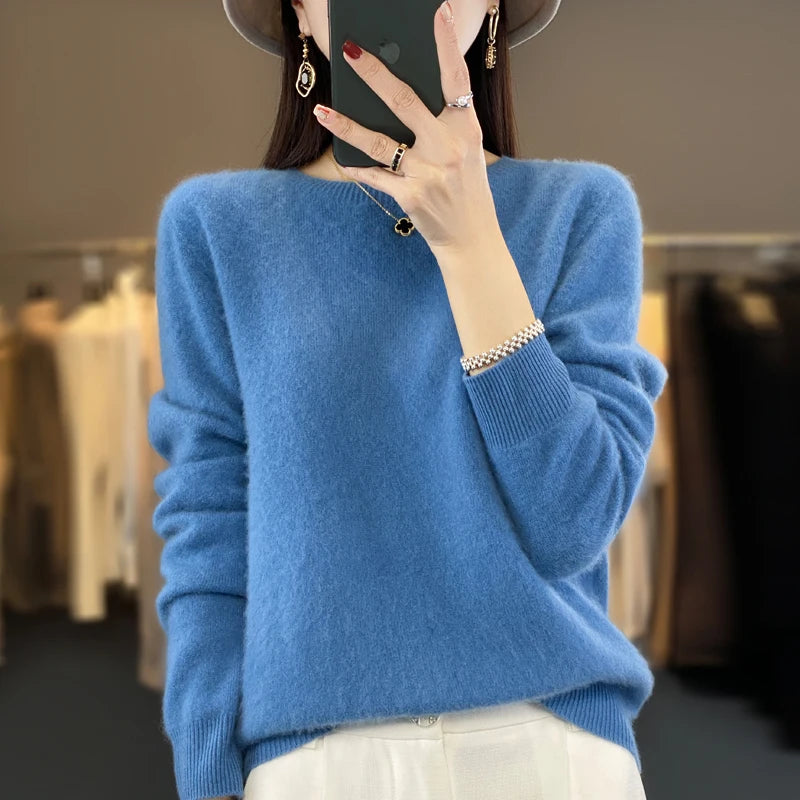 100% Merino Wool Sweater Women O-neck Cashmere Knitwear Female Pullover Autumn Winter Casual Tops Solid Color Soft  Clothing.