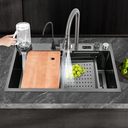 30"*18" Digital Display Waterfall Sink,Multifunctional Workstation Kitchen Sink,Kitchen Sink with Pull-Out Faucet