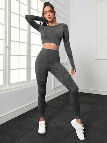 2 Piece Acid Wash Gym Set Women Seamless Long Sleeve Leggings Tracksuit Sports Fitness Suit Scrunch Workout Clothes Yoga Outfits.