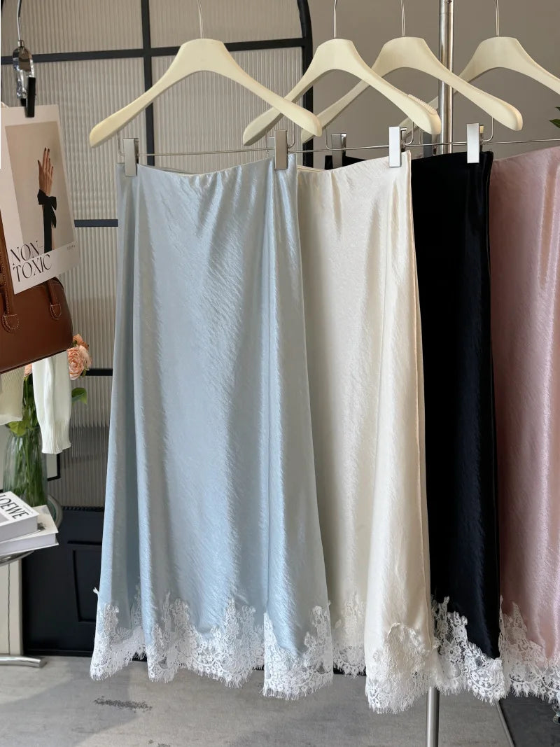 Satin Lace Patchwork Midi Skirt 2025 Women A-line Elegant Smooth Skirt Women Clothing.