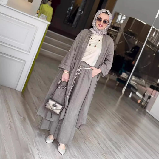 Eid muslimische Frauen Bluse zweiteiliges Set Abaya langes Hemd weites Bein Hose Anzüge Ramadan Arabisch Dubai bescheidene Musulman Ensembles