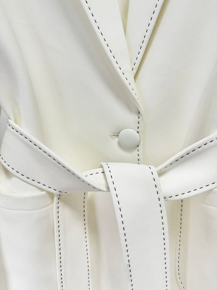 HIGH STREET Newest Fashion 2024 Designer Suit Set Women's Contrast Stitching Belted Blazer Pants Suit 2pcs.