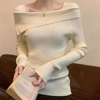 Solide Sexy Schlank Off Schulter Slash Neck Langarm Stricken Pullover Frauen Jumper Büro Mode Neue