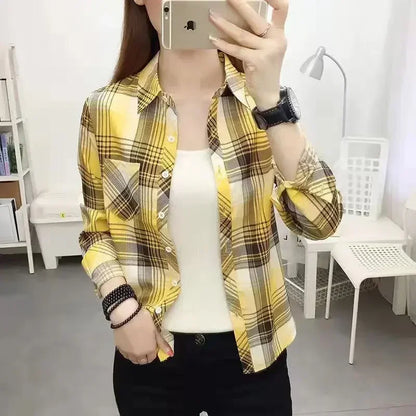2024 herbst Neue College Stil Plaid Shirts frauen Lange hülse Taste Unten Casual Tops Lose Mode Polo Neck Blusen