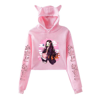 New Anime Kamado Nezuko Printing Cat Ear Hoodies Women Girls Fashion Streetwear Hoodies Sweatshirts Crop Top Pullover.