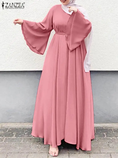 Frauen Lerisure Muslimischen Lange Kleid Übergroßen Vestidos ZANZEA 2023 Sommer Frühling Flare Ärmeln Soild Weibliche Türkische Robe Abaya