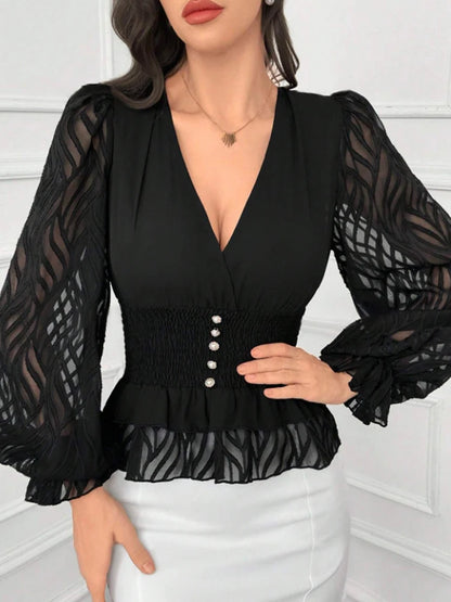 Women's Elegant and Fashionable V Neck Lantern Sleeve Waist Shirt.