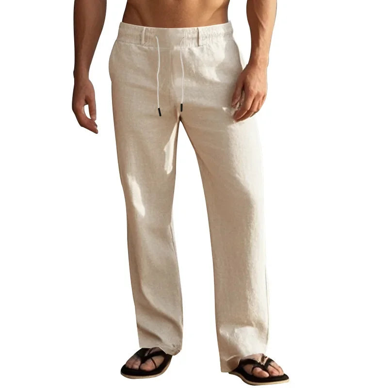 2024 drawstring men's simple fashion solid color casual cotton and linen straight trousers.