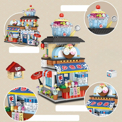 Street View Series Building blocks Izakaya Shaved Ice Shop Takoyaki Shop Coffee shop Panda Tea House model children's gift.