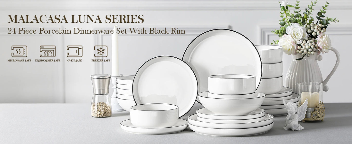 MALACASA 24 Piece Ceramic Plates Porcelain Dinnerware Set with 6 Pcs Dinner/Dessert Plates/Soup/Bowl Tableware Set Service for 6.