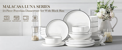 MALACASA 24 Piece Ceramic Plates Porcelain Dinnerware Set with 6 Pcs Dinner/Dessert Plates/Soup/Bowl Tableware Set Service for 6.