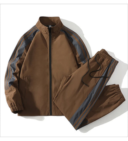 Sports suit men's  spring and autumn striped stand up collar jacket and pants paired with running and fitness two-piece set.