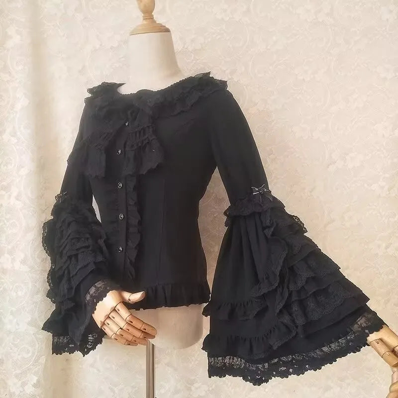 Japanese Medieval Victorian Vintage Lolita Shirts Women Sweet Flare Long Sleeves Slim Y2k Tops Female Gothic  Blusas Blouses.
