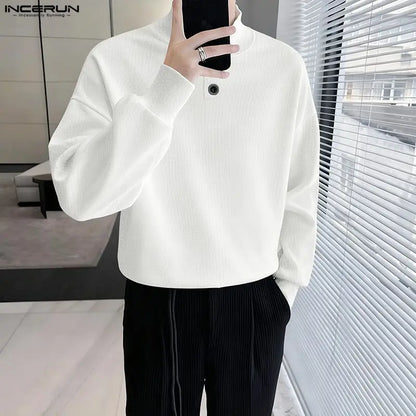 INCERUN Men Pullovers Solid Color Knitted Turtleneck Long Sleeve Male Sweaters Streetwear Knitted Fashion Casual Men Clothing.