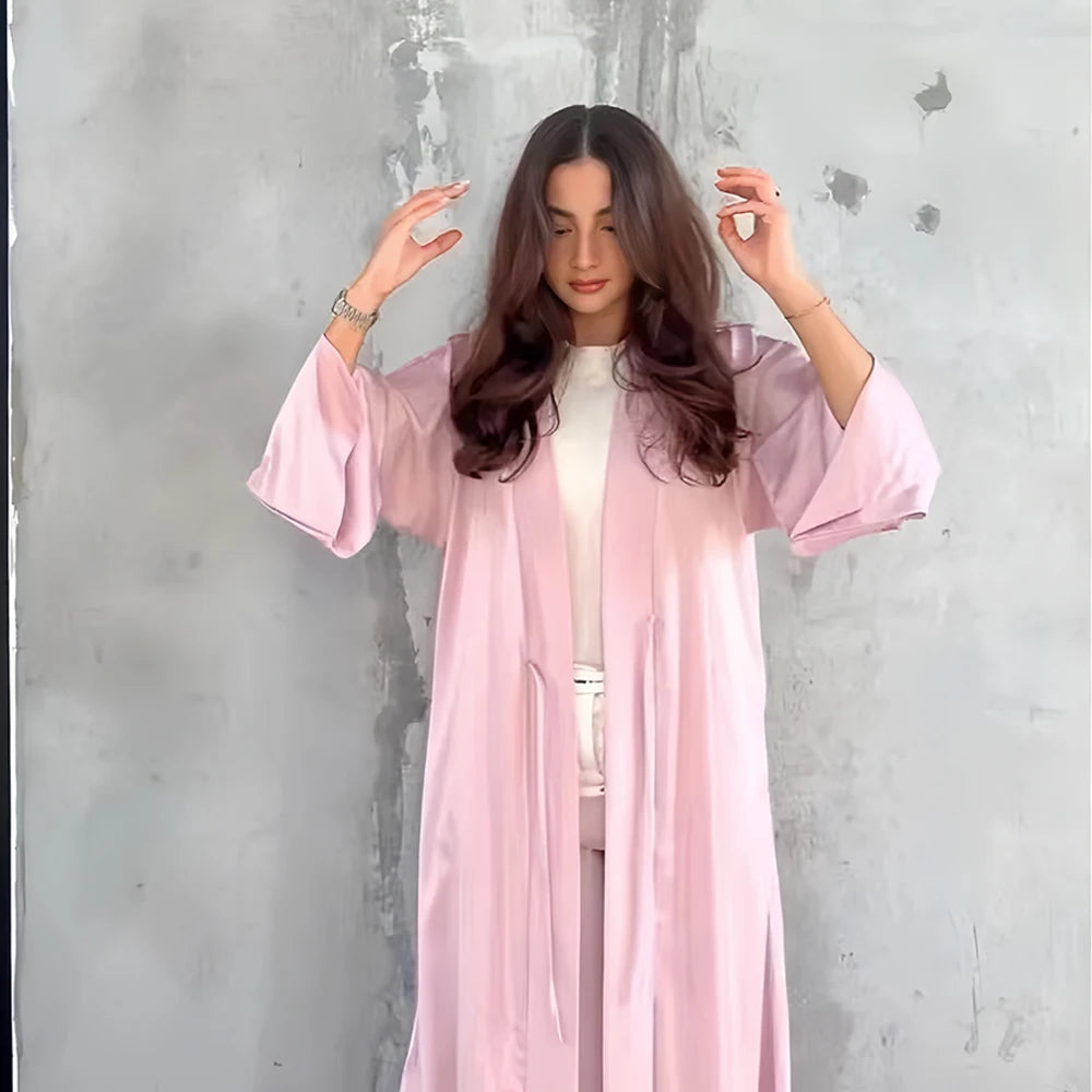 Girl Muslim Palestine Kaftan Dress Open Satin Kimono Pink Abaya Women Dubai Clothing Kebaya Robe Caftan Marocain Femme Musulmane.