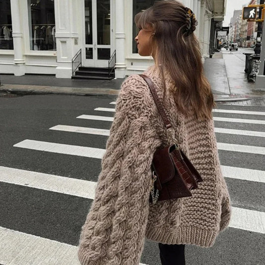 Oversize Stricken Pullover Frauen Casual Faul Rundhals Knick Solide Pullover Weibliche Herbst Winter Lose Ärmeln Strickwaren Dame