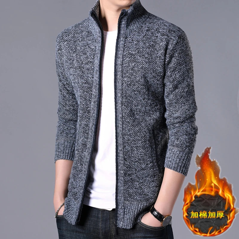 New Men's Casual High Collar Long Sleeve Knitted Top with Velvet Warmth for Autumn and Winter Fashion Multi Functional Jacket.