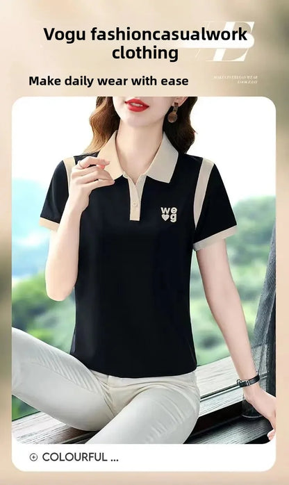 Sporty Short Sleeve Polo Shirt for Women Summer Fashionable Hong Kong Style Top Slim Fit Mixed Fabric Trendy T-Shirt.