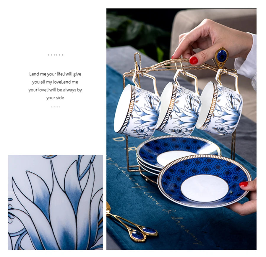 Elegant Cup and Saucer Set Bone China Sugar Jar Milk Jug Coffee Pot Set Cyan Magnolia Home English Mug Teaset Dessert Plate