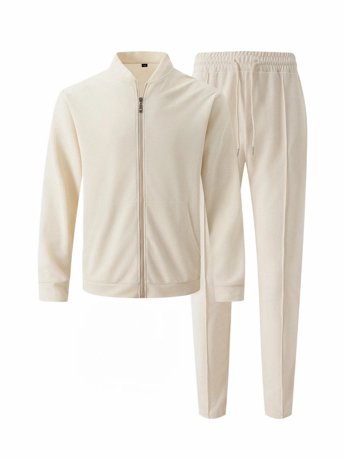 2025 new spring and autumn men stand collar solid color baseball casual Waffle full pants two men's suit men's wear.