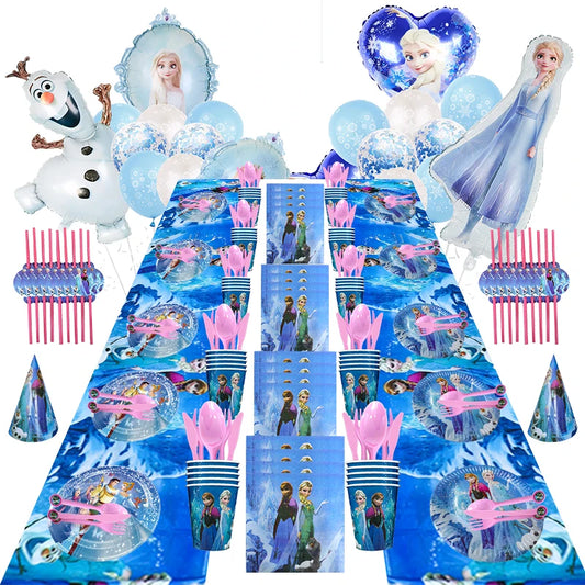 Gefrorene Geburtstagsdekoration Thema Anna Elsa Schneekönigin Prinzessin Tischdecke Luftballons Hintergrund Einweggeschirr Mädchen Kinder Party.