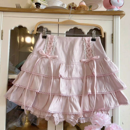 Japanese Kawaii Lolita Style Pleated Skirts Women High Waist Pink Bandage Fairy Y2k Aesthetic Skirt Cute Faldas Mujer Moda 2024