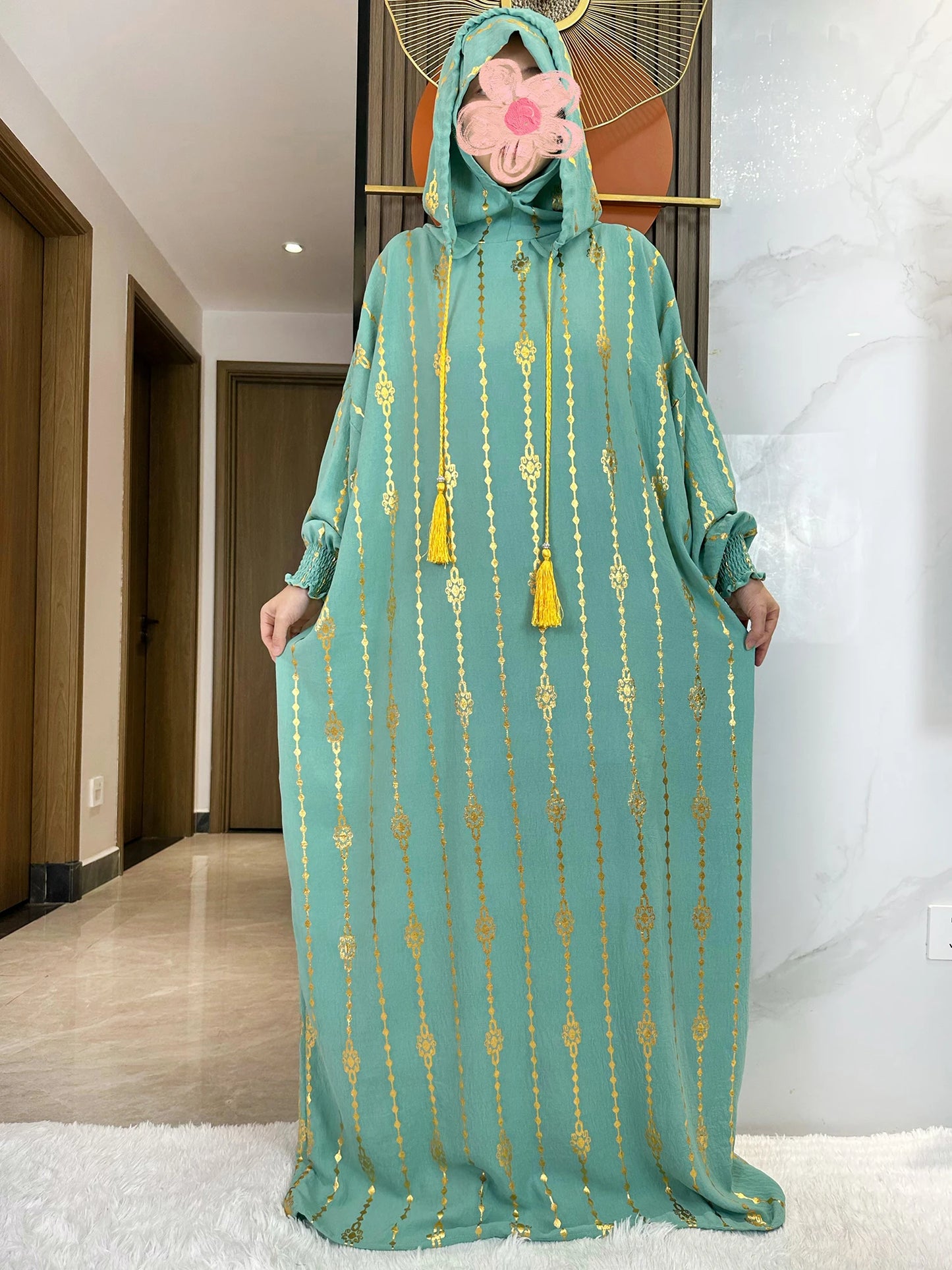 High Grade Cotton Fabric Ramadan Muslim Two-Hat Abaya Dubai Turkey Islam Prayer Clothes Gold Dust Dress Islam Women Dress Kaftan.