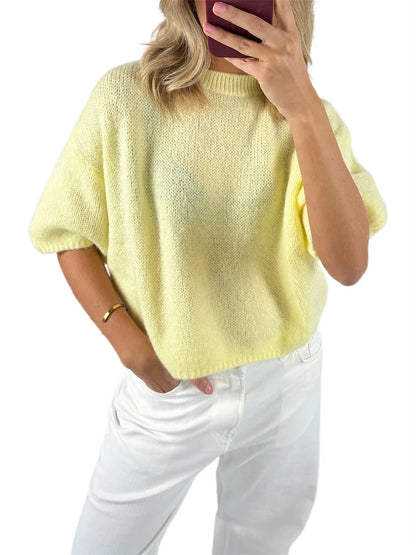 Damen Frühling Herbst Strickpullover Halbarm O Hals Einfarbig Lässige Strickwaren