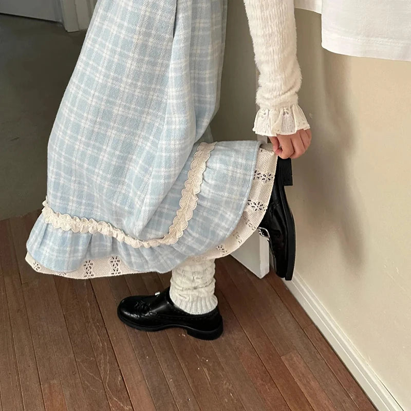 Japanese Sweet Long Skirt Women Fall Winter Blue Plaid Vintage Preppy Patchwork Skirts High Waist A Line Loose Casual Cute Skirt.