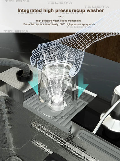 Edelstahl-Küchenspüle, multifunktionale Digitalanzeige, Wasserfall, großer Einzelschlitz mit Rack für Messerwaschbecken