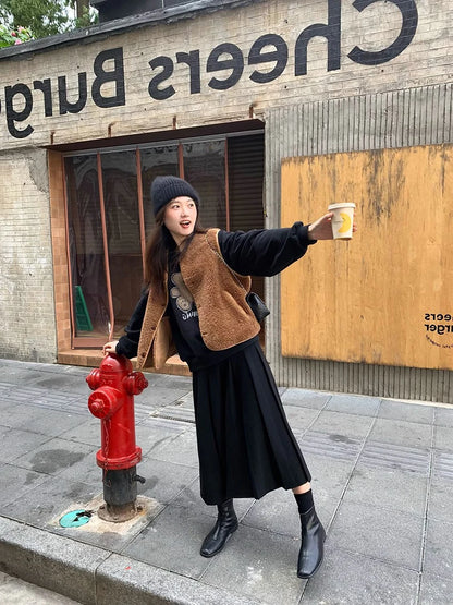 Thick Hepburn Style Woolen Pleated Skirt High Waist Slimming Casual Half Skirt Women Autumn Winter Unique Long Skirt