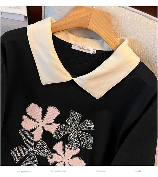 170 kg Plus Size Damen-Büste 170 Frühling Herbst Loose Diamond Collared Sweatshirt Schwarz 4XL 5XL 6XL 7XL 8XL 9XL