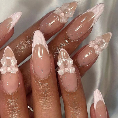 White Glitter Powder Bowknot Long Pointed Fake Nails Art Ballet False Nail Cow Print Pearl Rhinestone Pink Almond Press on Nails.