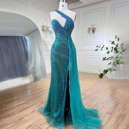 Blau Grün Meerjungfrau Sexy High Split One Shoulder Perlen Lange Abendkleider Kleider Anpassen Hochzeit Party BLA72104 Serene Hill