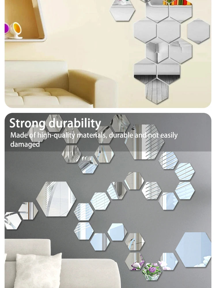 12PCS/Lot Removable Geometric Mirror Wall Stickers - Solid Hexagonal Shape, DIY with Built-in Adhesive for Home Decoration.